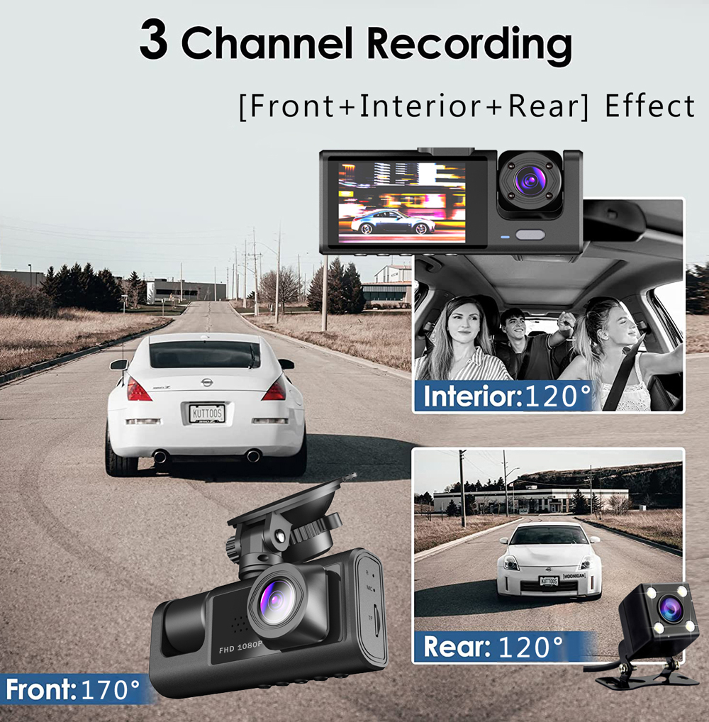 3 Channel Dashcam for Cars And Trucks With Rear View Camera