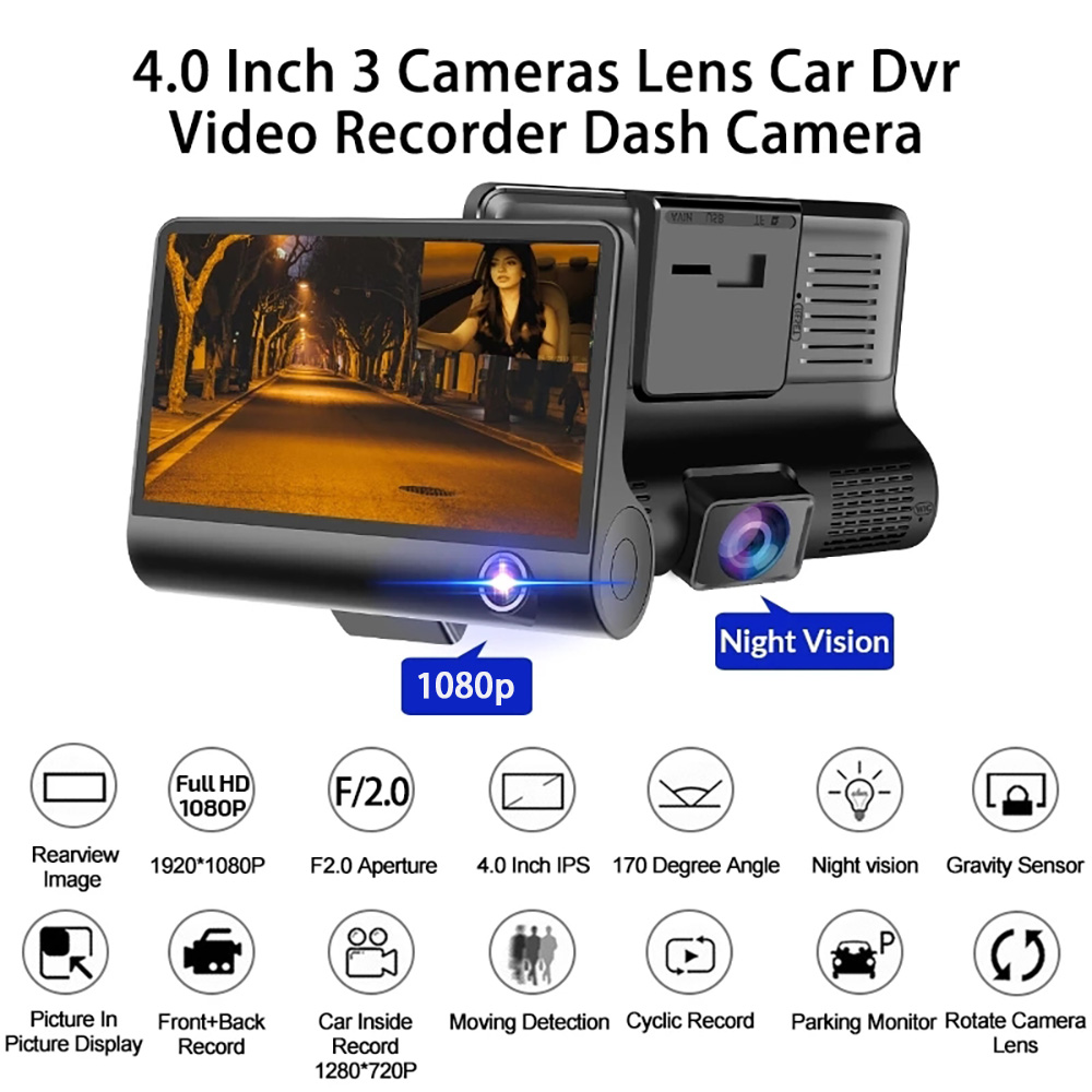 3 Channel 4 Inch Dash Cam with Rear View Camera